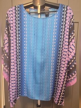 Bob Mackie Wearable Art XL Blouse Blue Purple Abstract Print Kimono Sleeve State